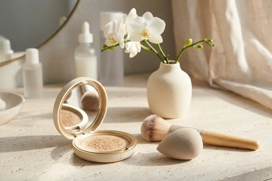 A makeup compact, sponge and brush on a vanity the next morning