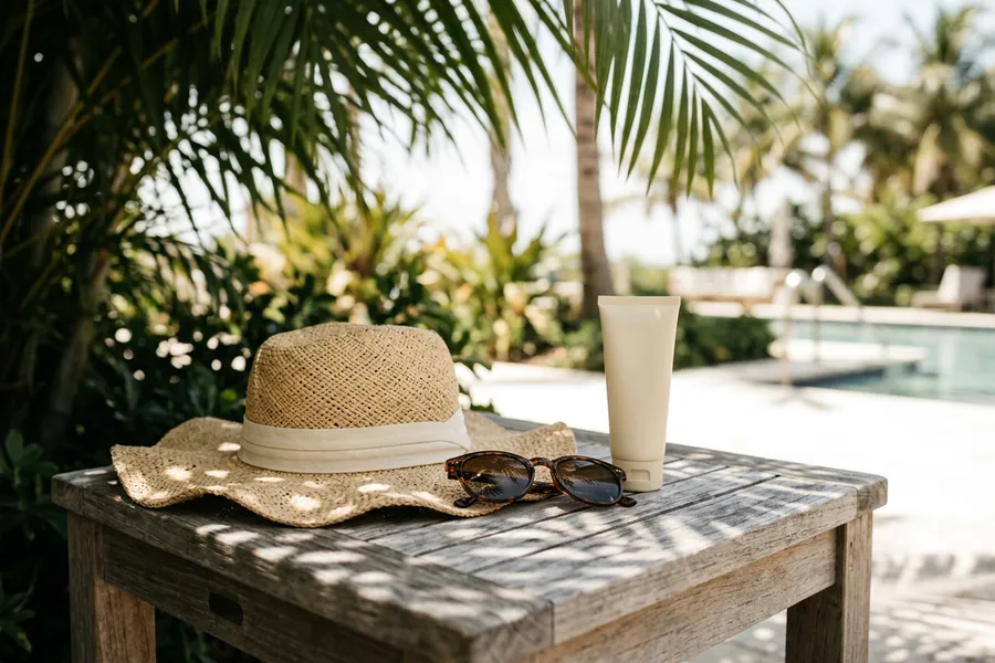 A sun hat, sunglasses and sunscreen on a table in the shade
