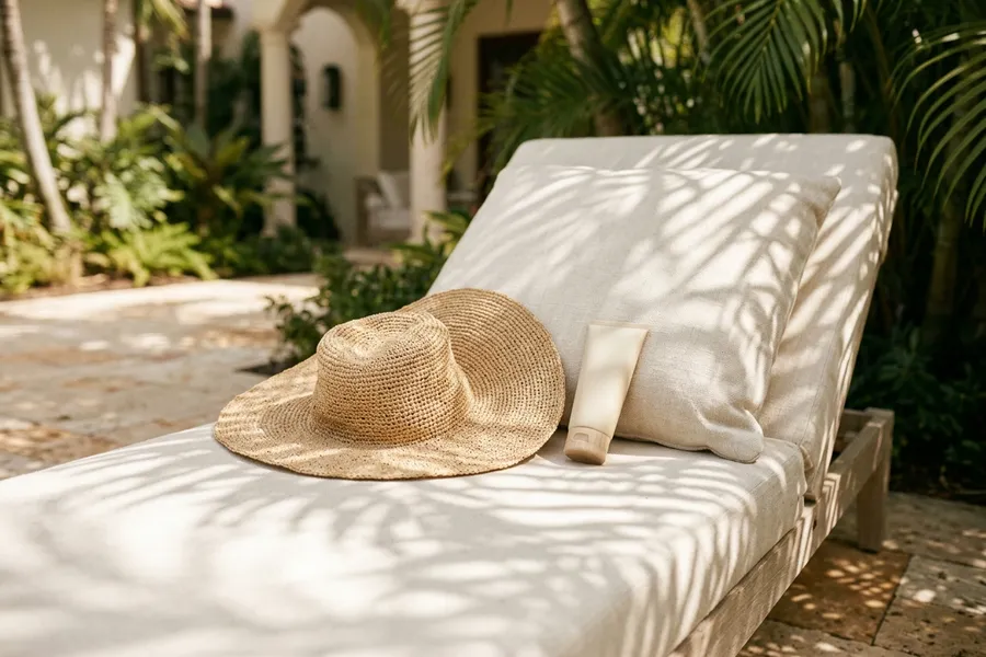 A straw sun hat and sunscreen on a lounge chair in the shade of palms