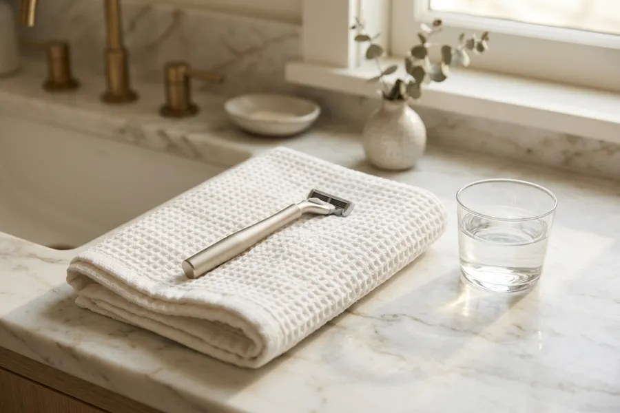 A razor on a folded towel beside a glass of water on a marble counter