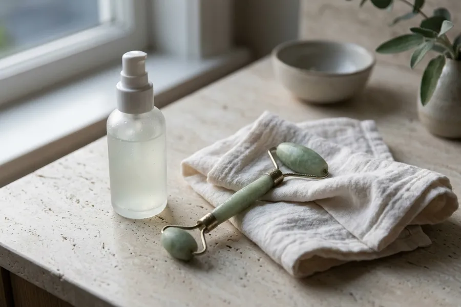A calming gel, a jade roller and a soft towel on a stone counter