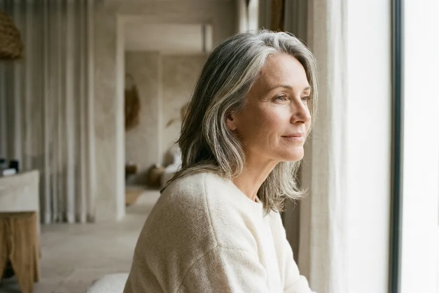 A woman in her fifties looking out of a bright window