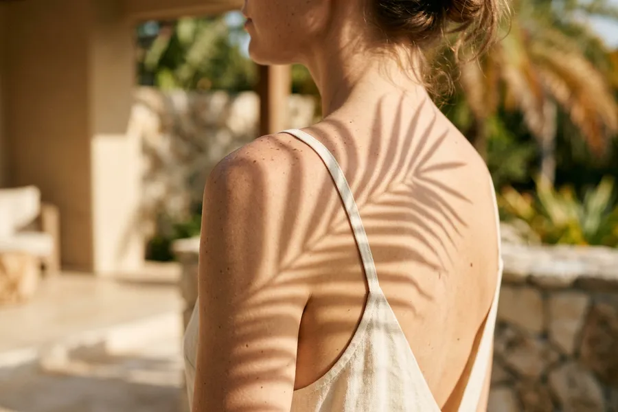 The shadow of a palm frond on a woman's sunlit shoulder