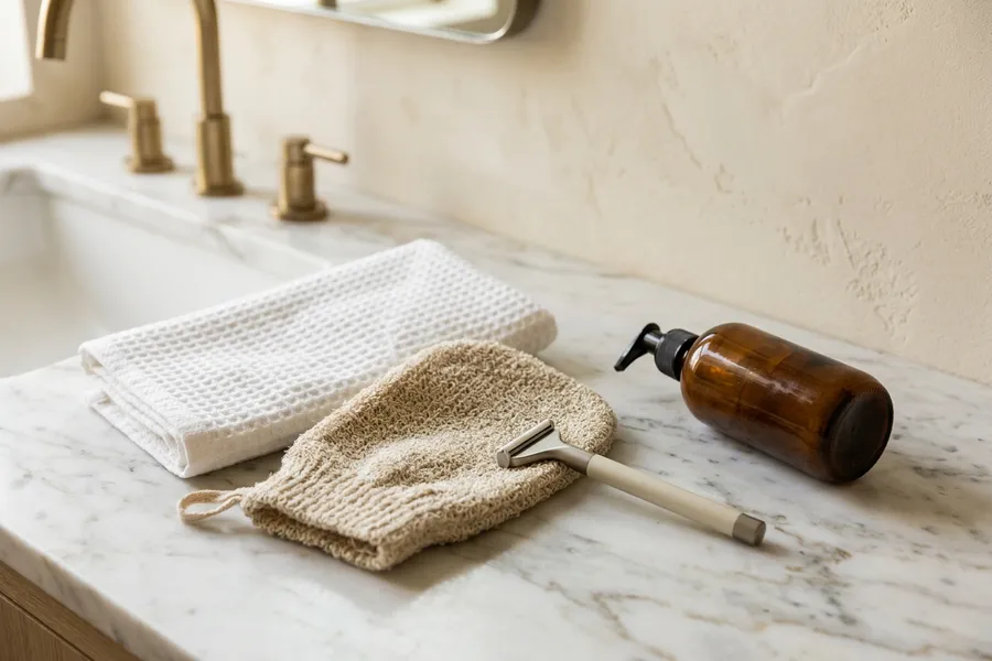 An exfoliating mitt, towel and razor on a marble bathroom counter