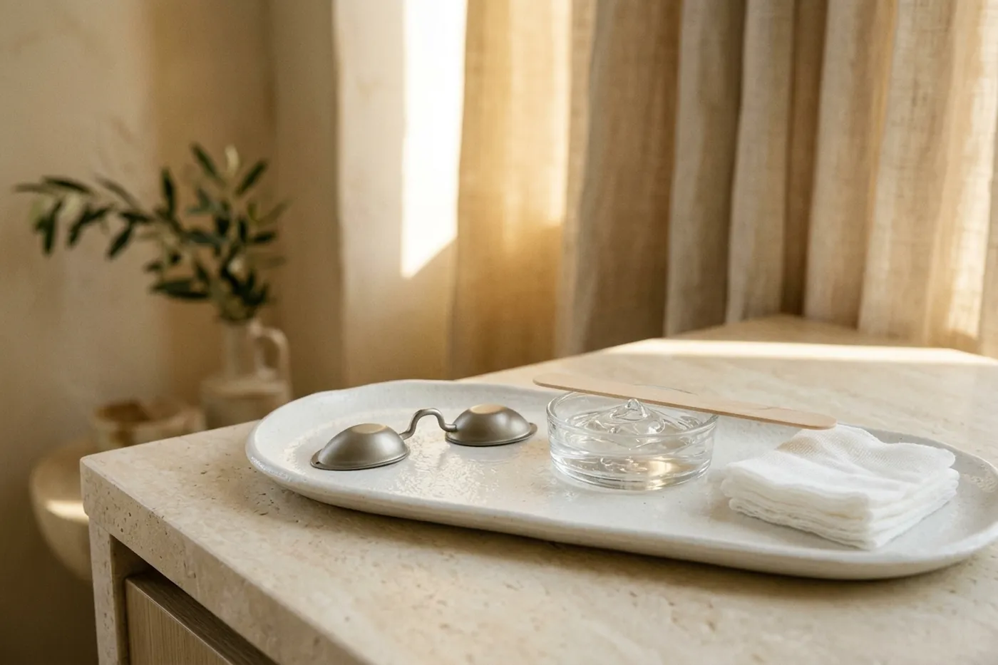 Protective eye shields, a dish of cooling gel and folded gauze on a tray in a warm, quiet treatment room