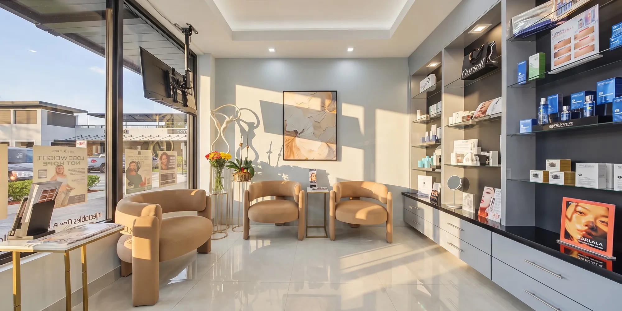The lobby at AWE, with caramel armchairs, sunlit windows and shelves of skin care